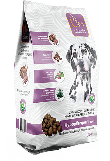 Сухой корм для крупных и средних собак ягненок и индейкой с бур.рисом Clan CLASSIC Hypoallergenic 1.25 кг