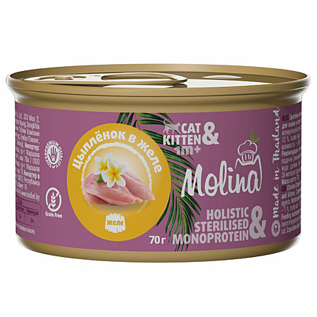 Molina влажный корм для котят и кошек, с цыпленком, кусочки в желе, в консервах - 70 г
