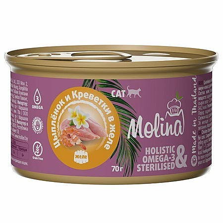 Molina влажный корм для кошек, с цыпленком и креветками, кусочки в желе, в консервах - 70г