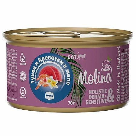 Molina влажный корм для кошек, с тунцом и креветками, кусочки в желе, в консервах - 70 г
