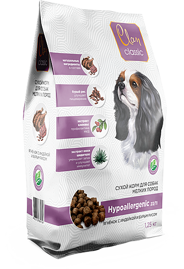 Сухой корм для собак мелких пород ягненок и индейкой с бур.рисом Clan CLASSIC Hypoallergenic 1.25 кг