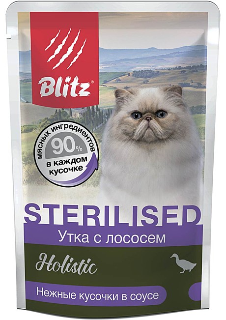 Blitz Holistic «Утка с лососем» нежные кусочки в соусе – влажный корм для стерилизованных кошек