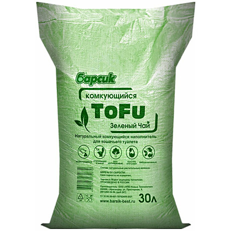 Барсик наполнитель ToFu комкующийся для взрослых кошек, зеленый чай 30л