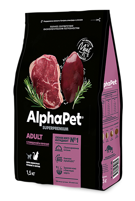 AlphaPet Superpremium / Сухой полнорационный корм с говядиной и печенью для взрослых кошек и котов 7кг