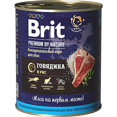 Консервы Brit Premium by Nature Adult для собак с говядиной и рисом (850г)