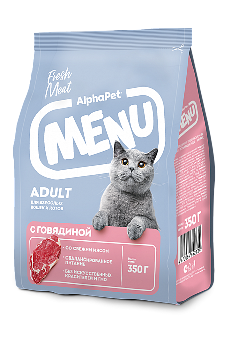 AlphaPet MENU / Сухой полнорационный корм с говядиной для взрослых кошек и котов 1,5кг