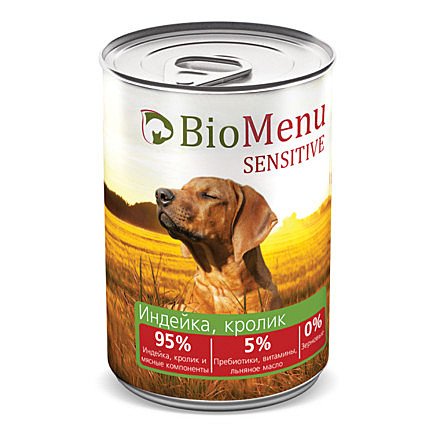 BioMenu Sensitive влажный корм для взрослых собак с индейкой и кроликом, в консервах - 410 г