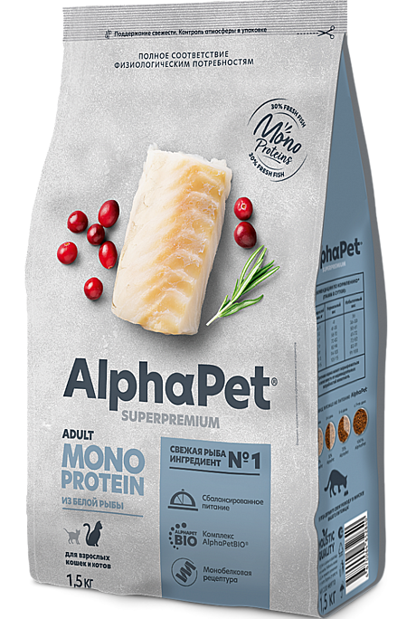 AlphaPet Superpremium MONOPROTEIN / Сухой полнорационный корм из белой рыбы для взрослых кошек 0,4кг