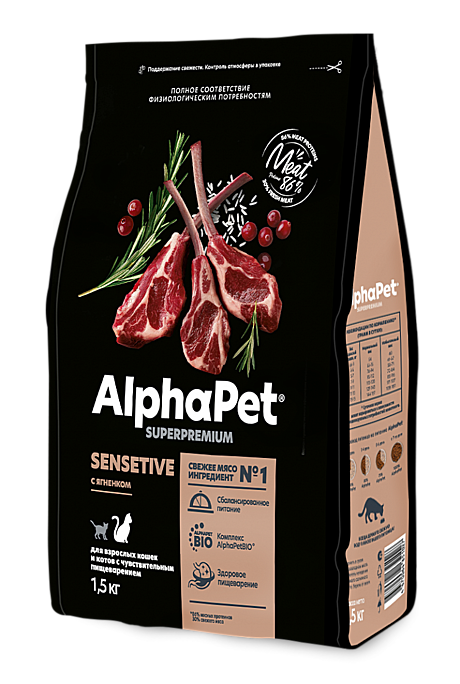 AlphaPet Superpremium / Сухой полнорационный корм с ягненком для взрослых кошек и котов с чувствительным пищеварением AlphaPet Superpremium 3кг