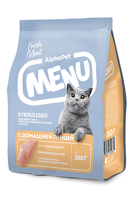 AlphaPet MENU / Сухой полнорационный корм с домашней птицей для взрослых стерилизованных кошек и котов 0,350кг