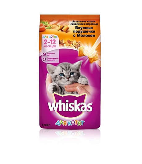Whiskas Вкусные подушечки для котят с молоком, аппетитное ассорти с индейкой и морковью 1,9 кг.