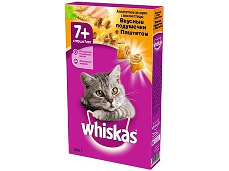 Whiskas Вкусные подушечки с паштетом, аппетитное ассорти с мясом птицы для кошек старше 7 лет 350 гр