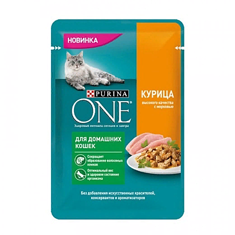 Консервированный полнорационный корм Purina ONE® для домашних кошек, с курицей и морковью