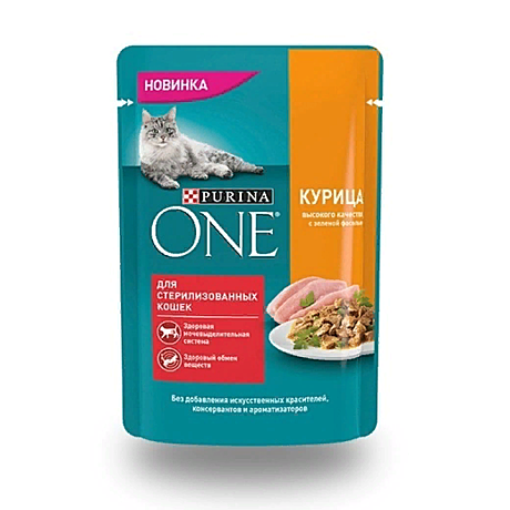 Консервированный полнорационный корм Purina ONE® для стерилизованных кошек, с курицей и зеленой фасо