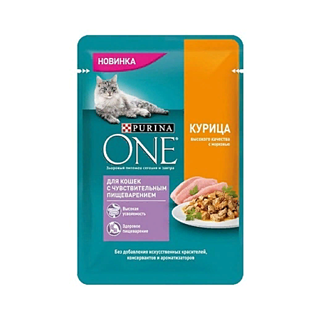 Консервированный полнорационный корм Purina ONE® для кошек с чувствительным пищеварением, с кур