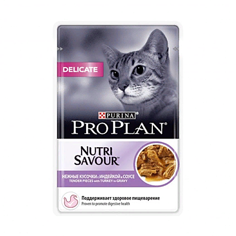 Pro Plan Delicate для кошек с чувствительным пищеварением, индейка, пауч, 85 г