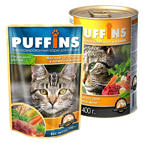 Влажный корм для кошек Puffins с говядиной, с бараниной