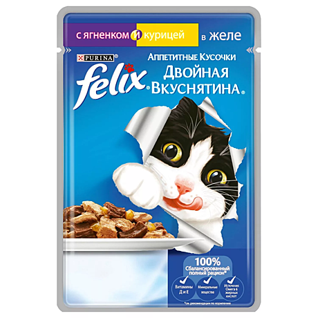 Felix кусочки в желе для кошек с ягненком и курицей
