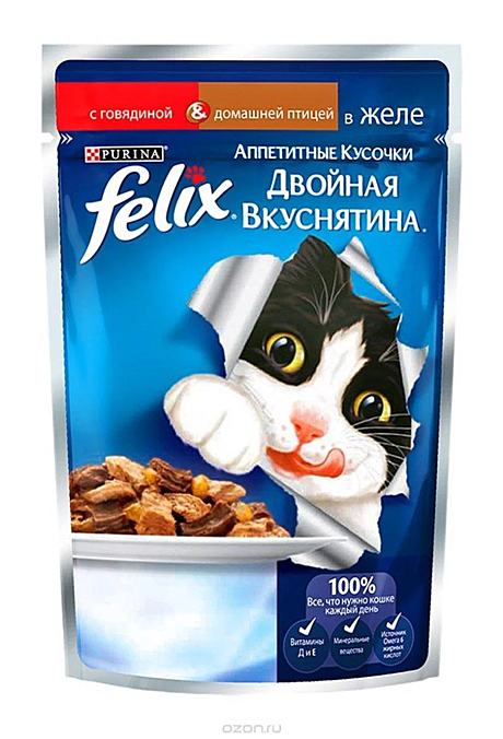 Felix кусочки в желе для кошек с говядиной и птицей