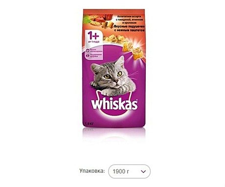 Whiskas Вкусные подушечки с нежным паштетом. Аппетитное ассорти с говядиной и кроликом 1,9 кг.