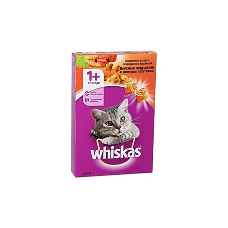 Whiskas Вкусные подушечки с нежным паштетом. Аппетитное ассорти с говядиной и кроликом 350 гр.