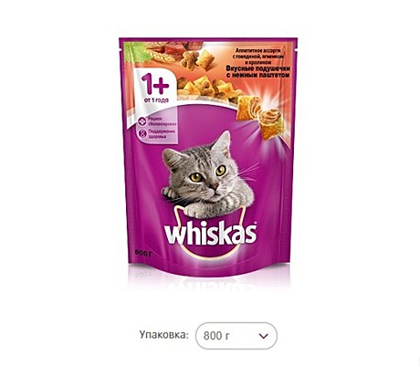 Whiskas Вкусные подушечки с нежным паштетом. Аппетитное ассорти с говядиной и кроликом 800 гр.