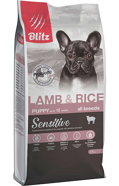 Blitz Sensitive с ягнёнком и рисом сухой корм для щенков всех пород 15кг