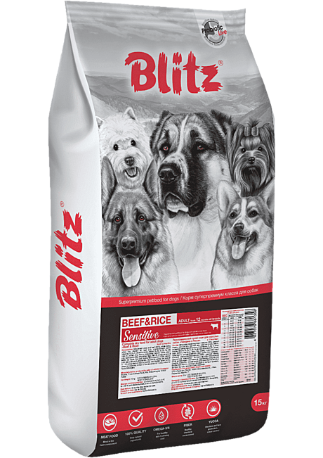 Blitz Sensitive с говядиной и рисом сухой корм для взрослых собак всех пород 15кг
