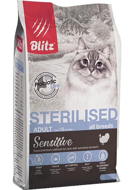 Blitz Sensitive с индейкой сухой корм для стерилизованных кошек 2кг